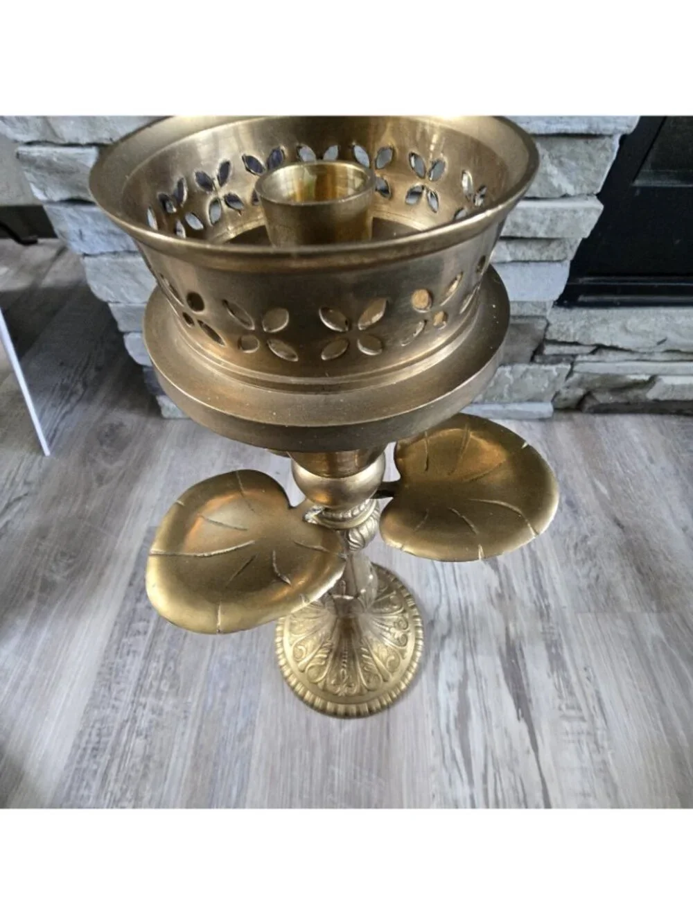 Ornate Heavy Tall Brass Candlestick Taper Candle Holder Leaves Lilly Pad 17
